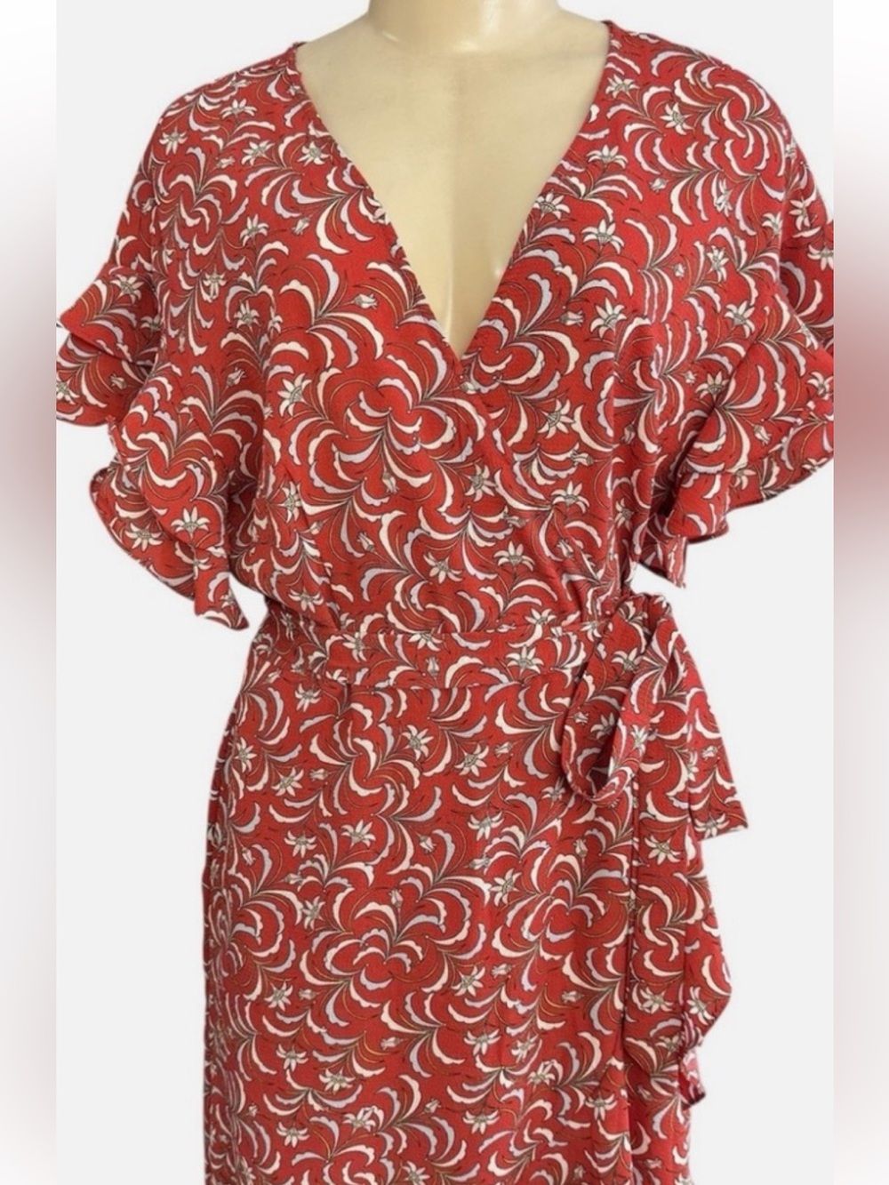Max Studio Ruffle Crepe High/Low Wrap Midi Dress